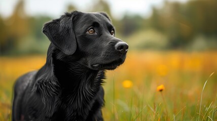A black dog in a green field, its curious face turned to the side, with soft summer grass beneath its paws.