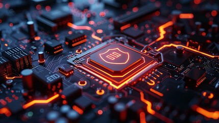 Fototapeta premium a close up of a circuit board with shield icon