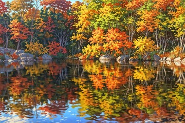 A vibrant autumn landscape with colorful foliage reflecting on a calm lake, perfect for nature and travel themes.