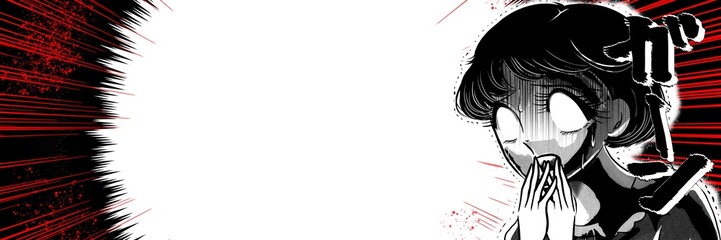 大ショックで白目で涙を流す昭和レトロ少女漫画のおかっぱ女子と暗雲背景のワイドサイズイラスト