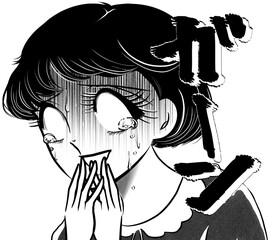 大ショックで白目で涙を流す昭和レトロ少女漫画のおかっぱ女子と暗雲背景
