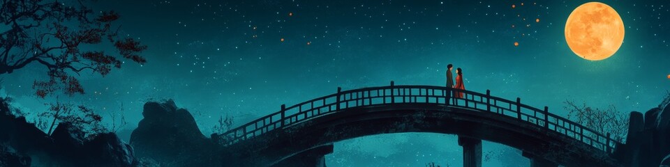 Enchanting Qixi Festival 2025: Romantic Couple on Moonlit Bridge Illustration. Traditional Chinese Valentine's Day Celebration with Full Moon. Elegant Minimalist Design for Marketing, UI, and Posters.