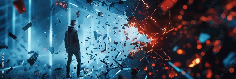Poster a hacker is breaking through a digital shield, causing fragments to scatter in a dynamic cybersecuri