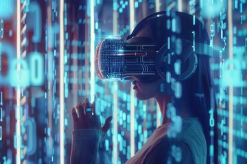 A hacker explores a virtual world, surrounded by glowing digital locks and cascading codes, fully immersed in a digital landscape through VR technology. Generative AI