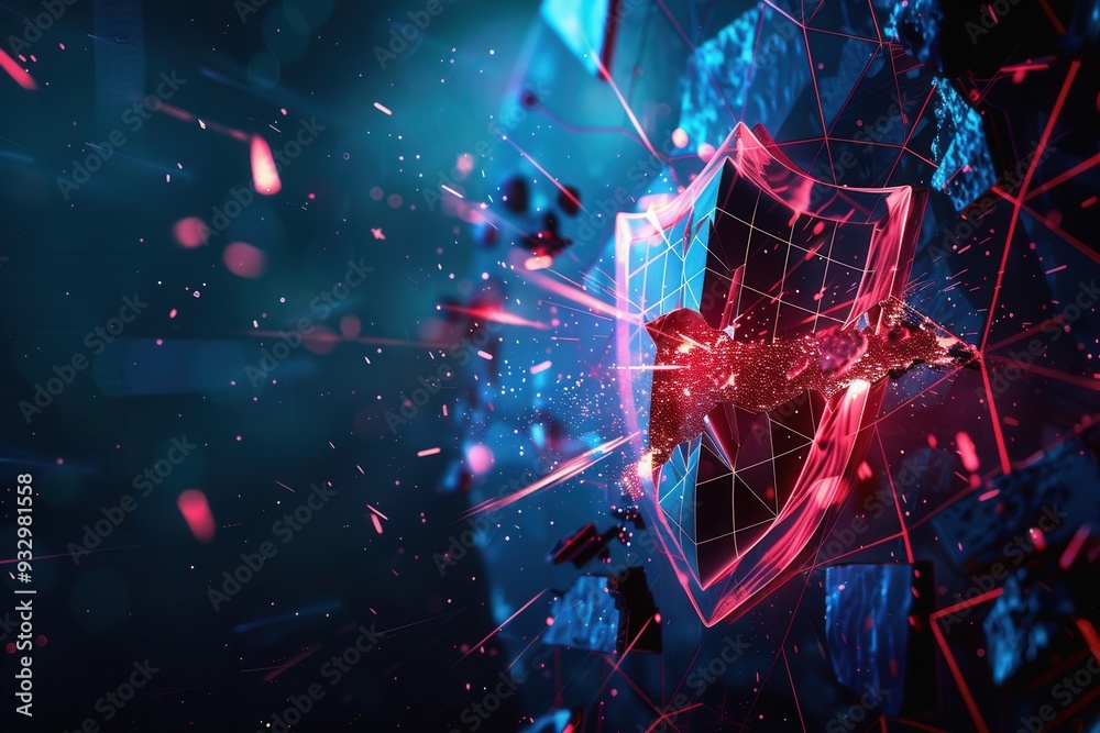 Poster a hacker disrupts a digital shield, causing fragments to scatter in a dynamic representation of cybe