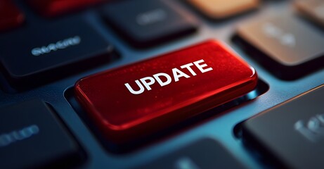 Red keyboard button with word " UPDATE" and text in white color on it, focus to the buttons, close up view of computer keyboard resolution,