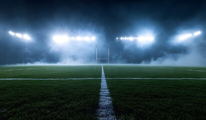 Rugby stadium lights, night time, lights shining down on the field, fog in background, goal post visible in distance, white lines running across grass,