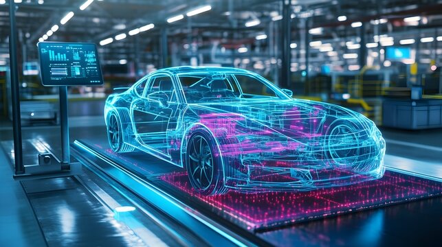Automotive Digital Twin A digital twin of a car being tested in a virtual environment with key performance metrics and data visualizations displayed on the dashboard for analysis and optimization