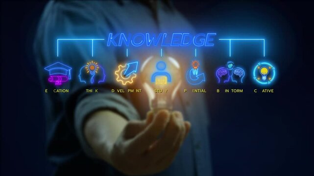 Businessman shows glowing neon line banner of KNOWLEDGE concept with icons of education, think, development, study, potential, brainstorm and creative on virtual screen.