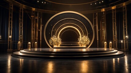 Fototapeta premium Dramatic and elegant stage setup. The layout includes a three-tiered circular platform, centered and illuminated by a soft spotlight from above, combination of golden and black colors
