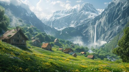 Obraz premium A grassy hillside with quaint wooden houses, surrounded by lush green landscapes and a majestic waterfall in the distance, creating a picturesque countryside scene.