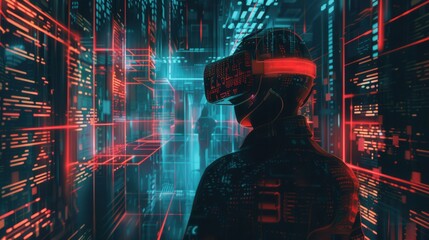 A hacker wearing a VR headset navigates a virtual environment filled with glowing digital locks and streaming codes. Generative AI