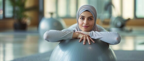Naklejka premium Hijab woman in activewear lying on fitball and stretching arms backwards doing physical exercises