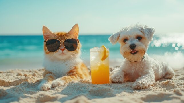Orange cat and white maltese dog drinking orange juice lying on white sand by the sea,relaxing at the beach and sunglasses,pet friendly sea beach,summer vacation holidays,journey trip concept.
