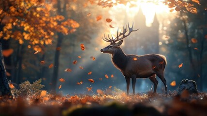 A deer in medieval armor guarding the entrance of a grand castle, with a dramatic sunset and a heroic ambiance.