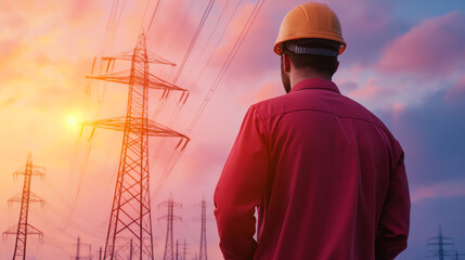 A worker in a hard hat observes power lines during sunset, showcasing safety and energy sector themes.