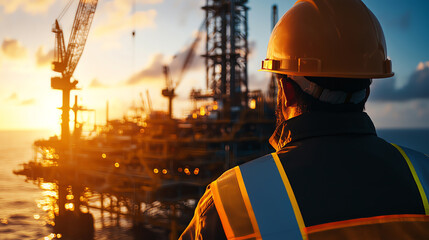 A worker observes an oil rig at sunset, showcasing the beauty of industrial operations and nature's colors.