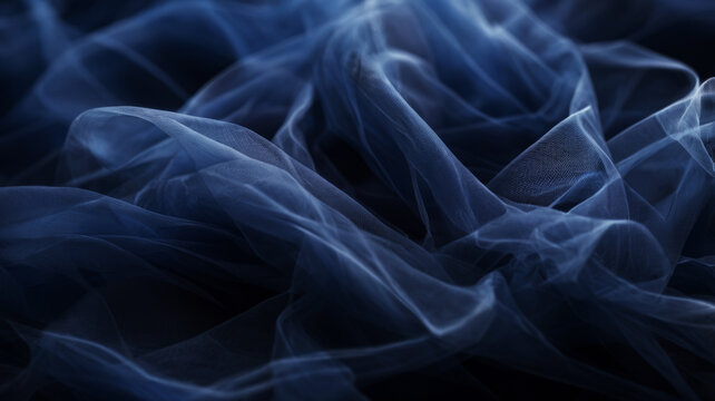 Light airy blue fabric background made of organza or tulle with beautiful folds, fabric texture with waves