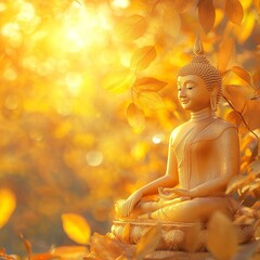 Obraz premium Makha Asanaha Visakha Bucha Day Golden Buddha image. Background of Bodhi leaves with shining light. Soft image and smooth focus style