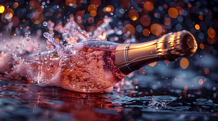 Champagne Bottle Splashing in Water with Bokeh Lights 3D Illustration