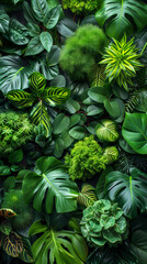 Obraz premium Lush green tropical leaves forming a vibrant natural background, ideal for nature-themed designs.