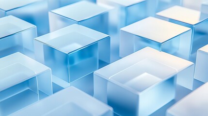 Blue glass cubes arranged in a structured pattern with soft lighting