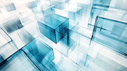 Transparent blue blocks floating in a bright abstract background