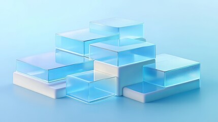 Obraz premium Stacked translucent cubes in various sizes on a soft blue background