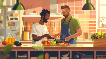 This is a delightful illustration depicting two men joyfully cooking together in a lively and colorful kitchen, as they collaborate and share the experience of preparing fresh and vibrant vegetables