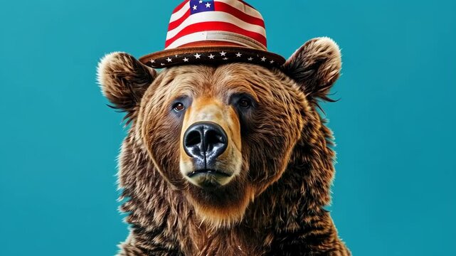 A grizzly bear wearing an American flag hat on a blue background.