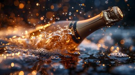 Champagne Bottle Splashing in Golden Light - Realistic Image