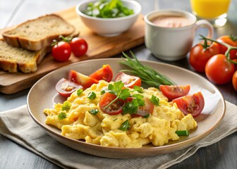 bright and airy image of a healthy protein-packed breakfast like scrambled eggs and turkey bacon on a modern kitchen table