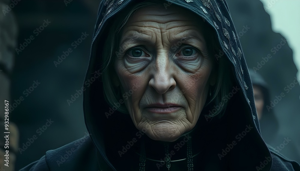 Wall mural An elderly woman with wrinkled skin, sunken eyes, and a stern expression, wearing a dark hooded cloak against a shadowy background