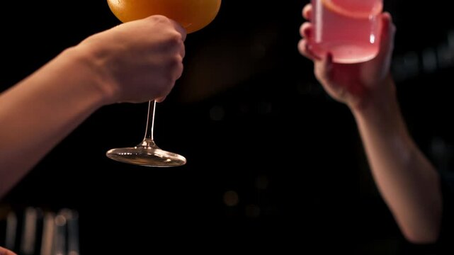 Close up of two people cheering cocktails in bar or disco club drinks and cocktails concept