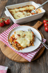 Delicious casserole with greek pasta and mozzarella cheese fresh and homemade cooked