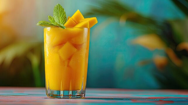 A glass of refreshing aamras with mango slices and mint garnish on a colorful background. Copy space.