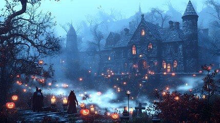Halloween Night Foggy Haunted House Pumpkin Lanterns