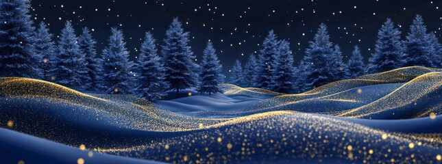 Winter night scene with snow-covered hills, illuminated golden accents, and frosty trees, serene and magical landscape