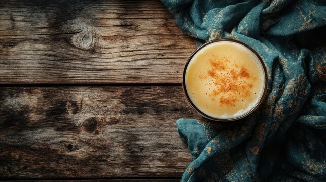 Top view of a cold glass of sattu sharbat on a rustic wooden background. Copy space available.