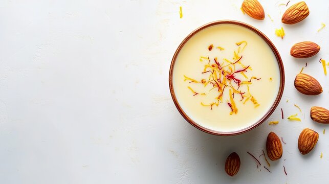 Top view of a cup of kesar badam milk with saffron strands and almonds on a white background. Copy space. -