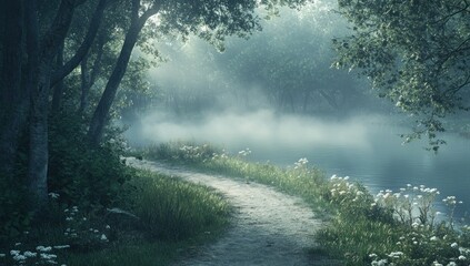 Fototapeta premium Misty Morning Path by the River