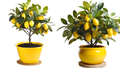 Decorative lemon tree in yellow pot on a white isolated background. Generative AI.