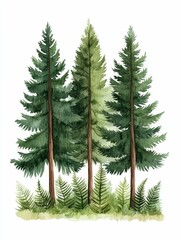 Obraz premium Watercolor featuring a lush forest landscape with towering pine trees and flourishing fern undergrowth isolated on a clean white background This tranquil