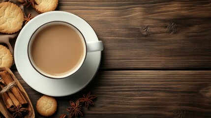 Obraz premium Top view of a steaming cup of chai with spices and a biscuit on a traditional wooden table. Copy space.