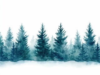 Fototapeta premium Watercolor Evergreen Forest with Snowy Branches Isolated on White Background of a peaceful natural landscape with tall dense trees and snowcapped branches against a clean minimalist backdrop