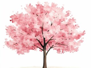 Obraz premium Enchanting watercolor of a flourishing cherry blossom forest landscape with vibrant pink and white blooms on a serene white background capturing the beauty and tranquility of nature s spring splendor