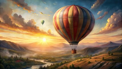 Colorful hot air balloons soaring over scenic landscape at sunrise
