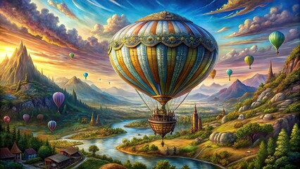 Fototapeta premium Colorful hot air balloons in a picturesque fantasy landscape at sunset