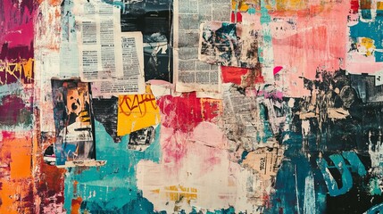 Fototapeta premium Abstract backdrop with collage of newspaper or magazine clippings, colorful grunge background with graffiti