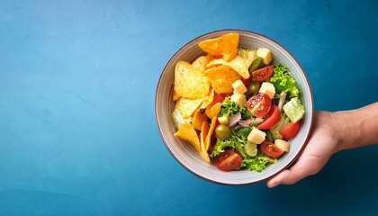 bowl with vegetable salad and chips, Choose between Healthy Food or Unhealthy Food, diet